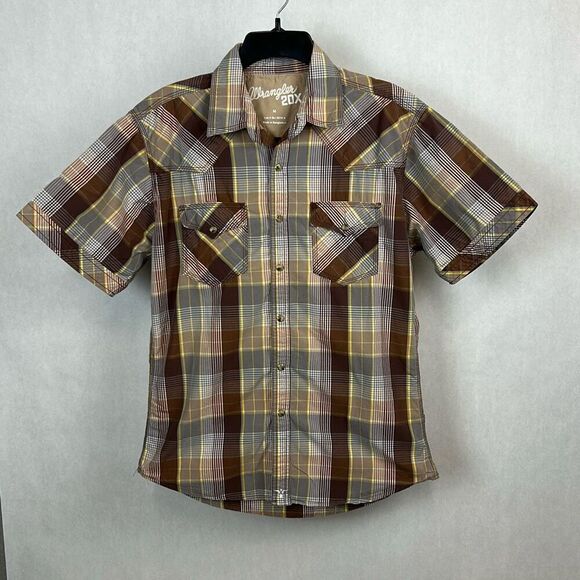 Wrangler 20X Button Down Shirt Sz Medium Short Sleeve Brown Plaid TwentyX - Picture 1 of 6